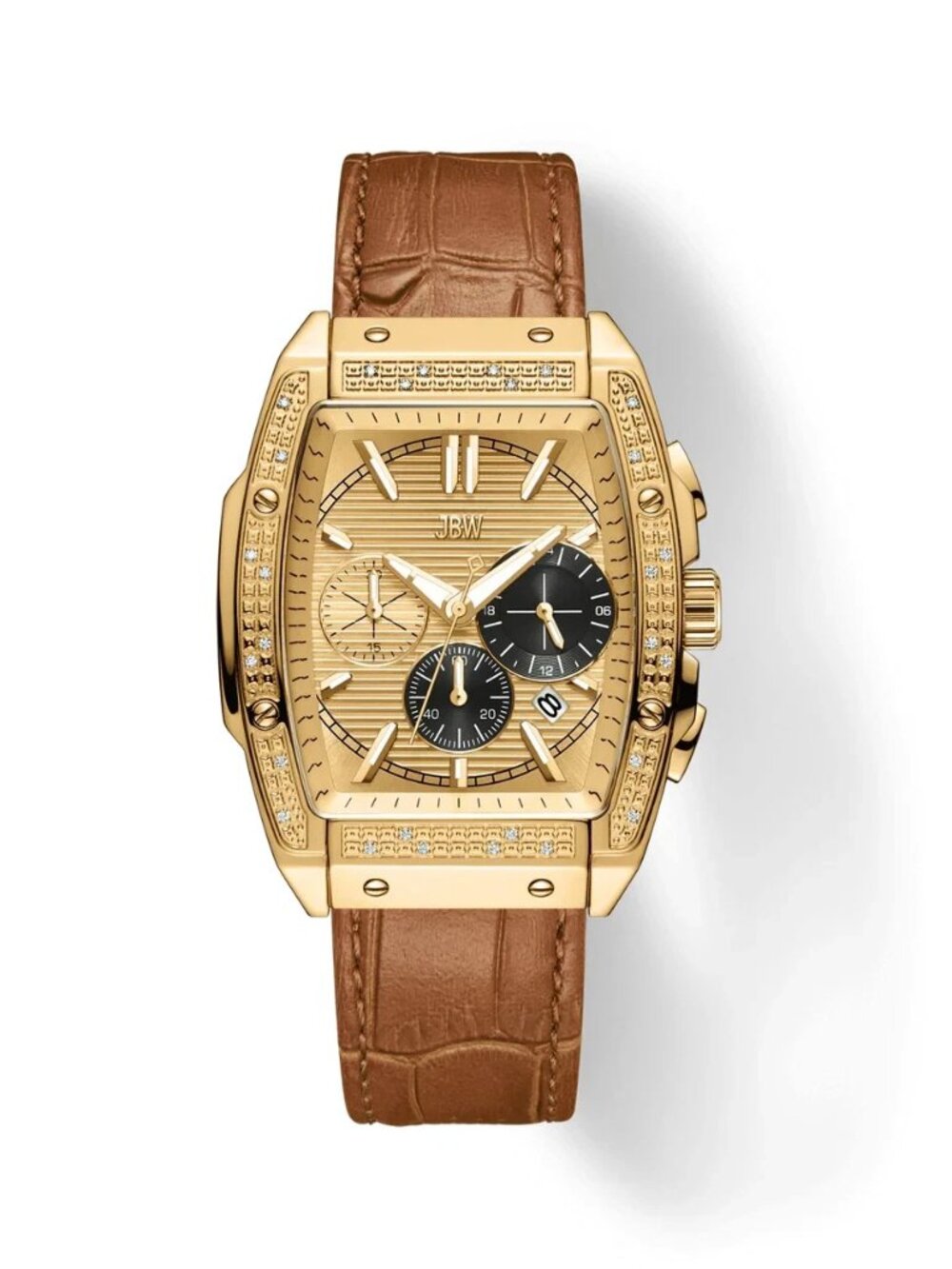 JBW Echelon Chronograph Gold Tone Men’s Watch Brown Leather Strap - New open box